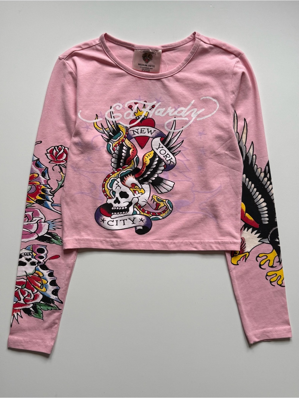 Ed Hardy Kids Girls New York City Long Sleeve T-Shirt, Pink - Sz. Medium (10/12)